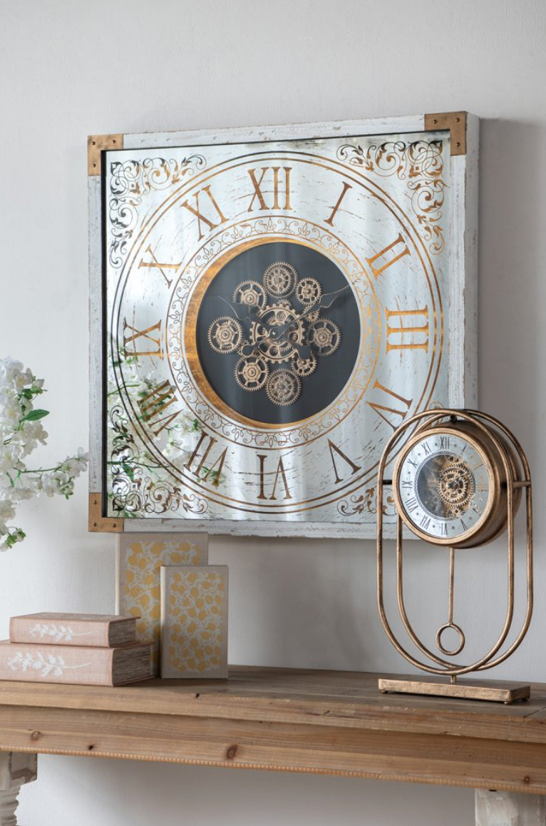Vintage-Inspired Gold Table Gear Clock on Rectangle Stand