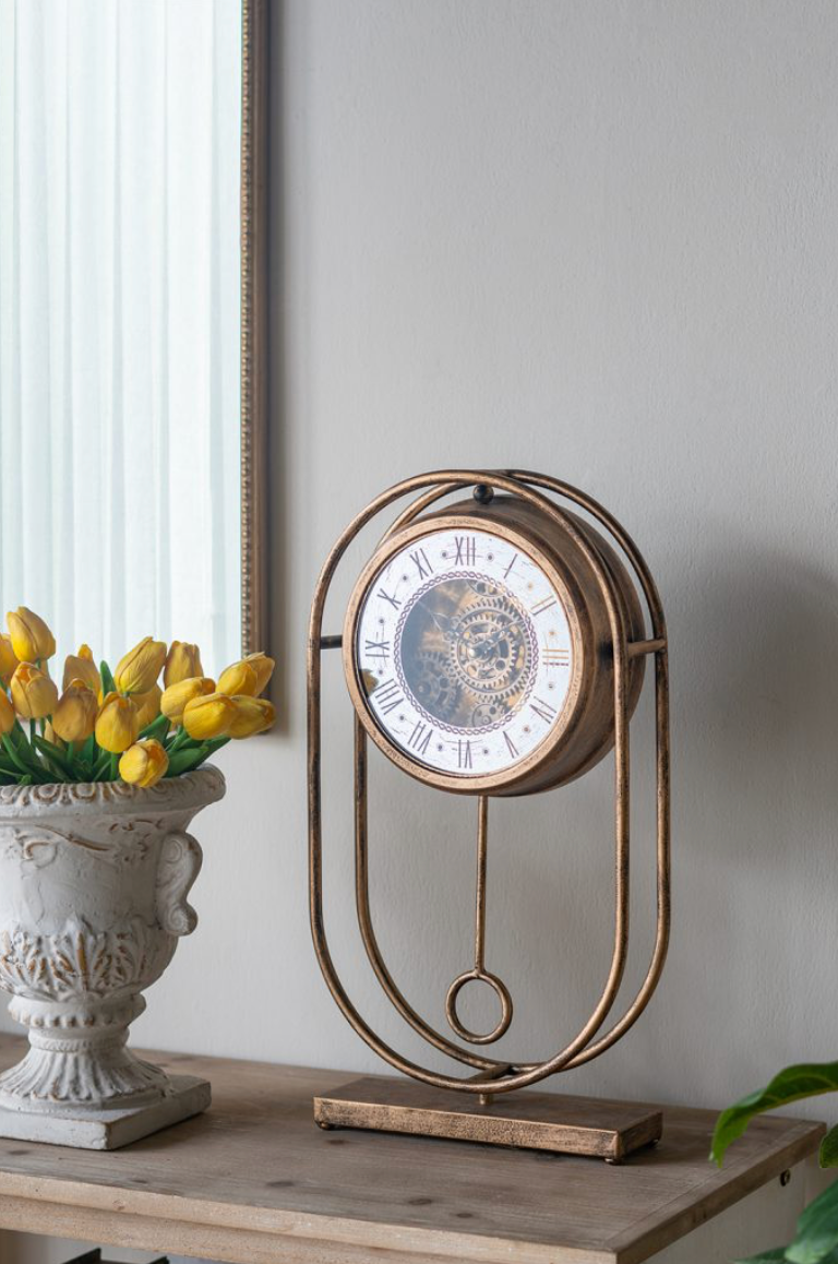 Vintage-Inspired Gold Table Gear Clock on Rectangle Stand