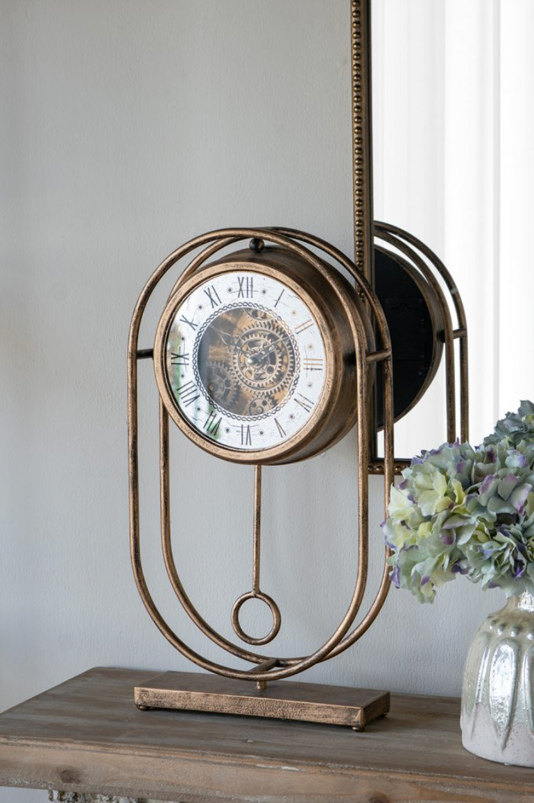 Vintage-Inspired Gold Table Gear Clock on Rectangle Stand