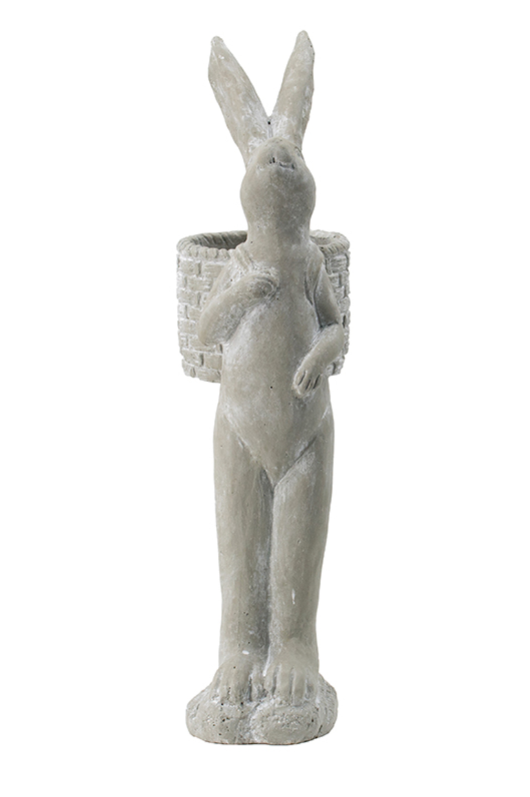 Tall Gray Cement Rabbit Basket Planter