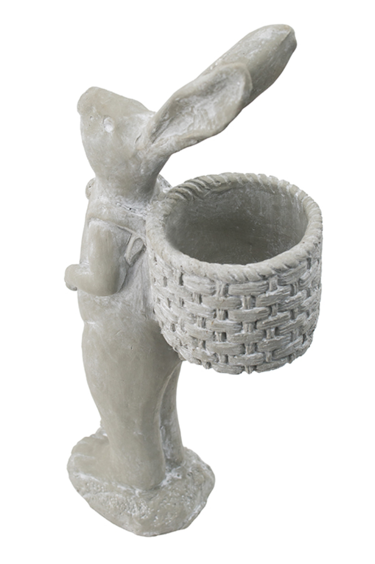 Tall Gray Cement Rabbit Basket Planter