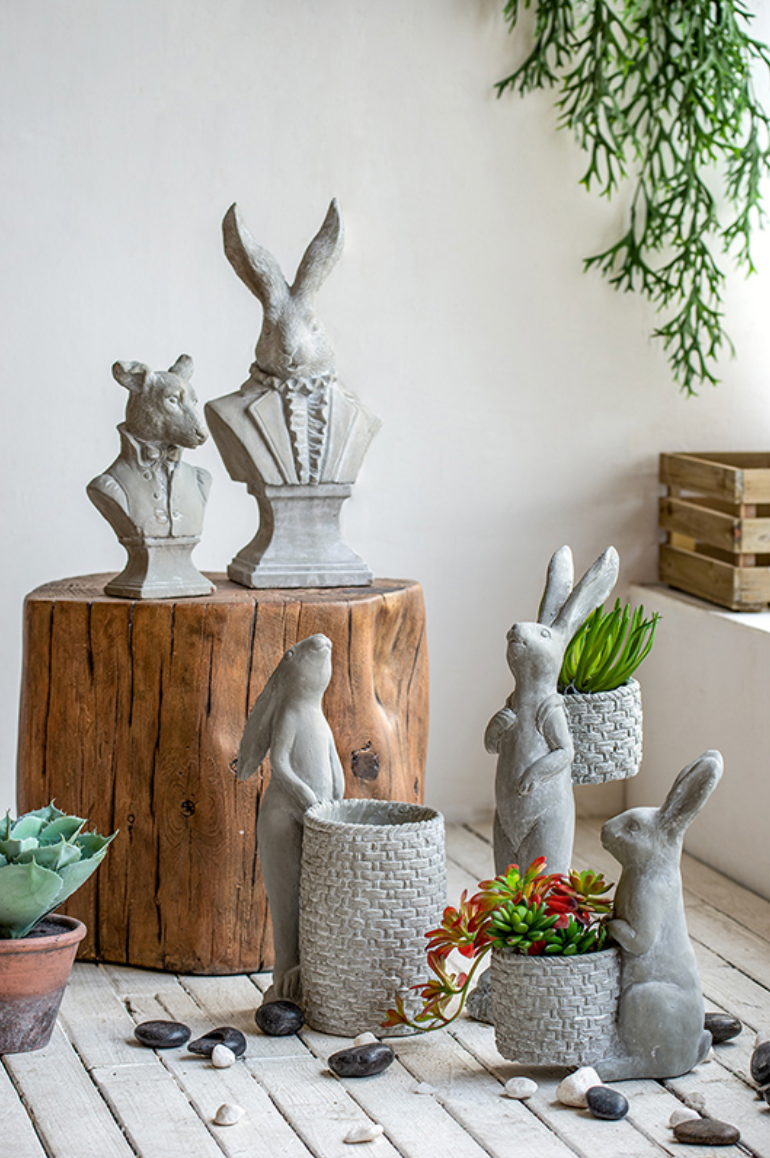 Tall Gray Cement Rabbit Basket Planter