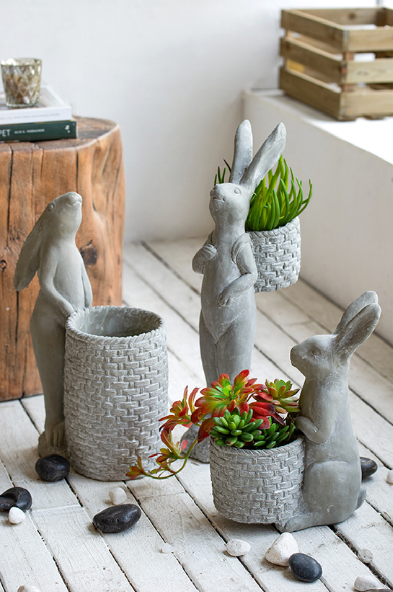 Tall Gray Cement Rabbit Basket Planter