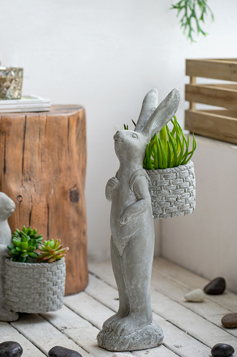 Tall Gray Cement Rabbit Basket Planter