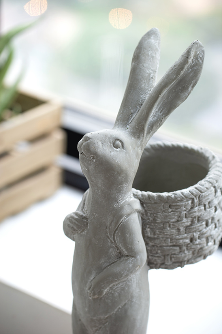 Tall Gray Cement Rabbit Basket Planter