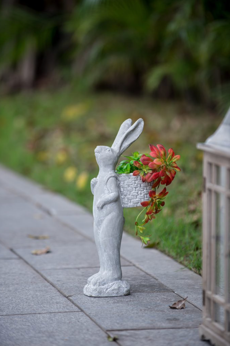 Tall Gray Cement Rabbit Basket Planter