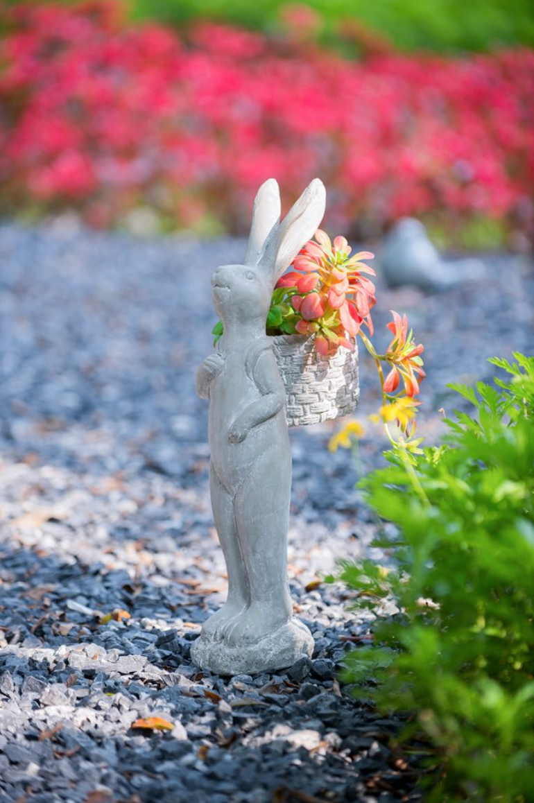 Tall Gray Cement Rabbit Basket Planter