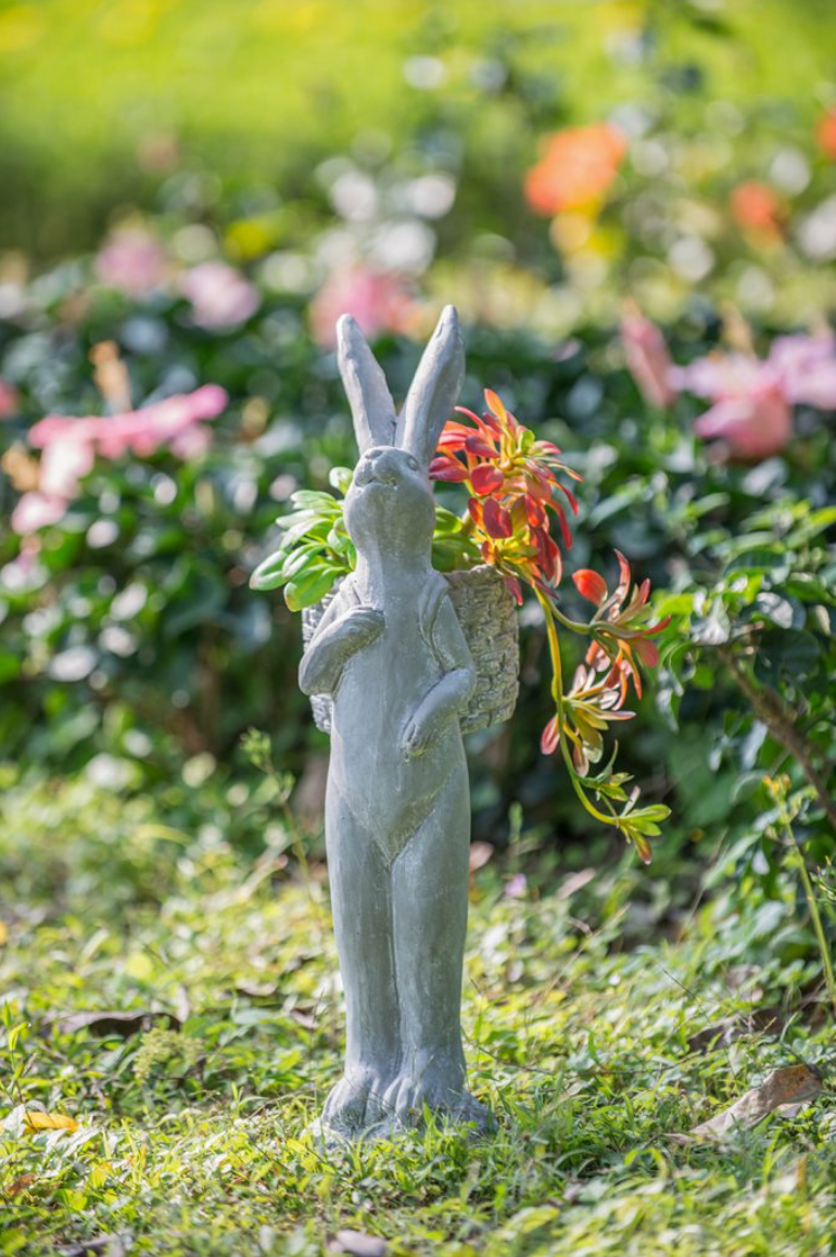 Tall Gray Cement Rabbit Basket Planter