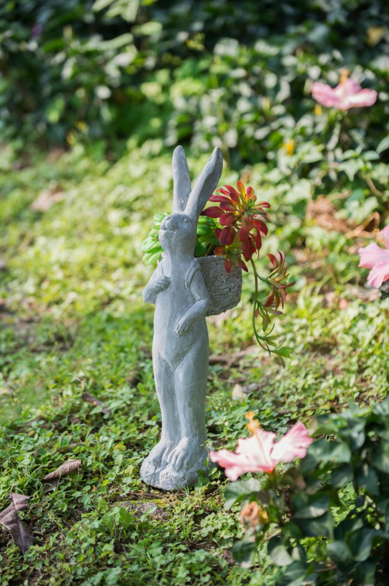 Tall Gray Cement Rabbit Basket Planter