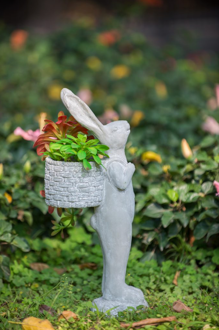 Tall Gray Cement Rabbit Basket Planter