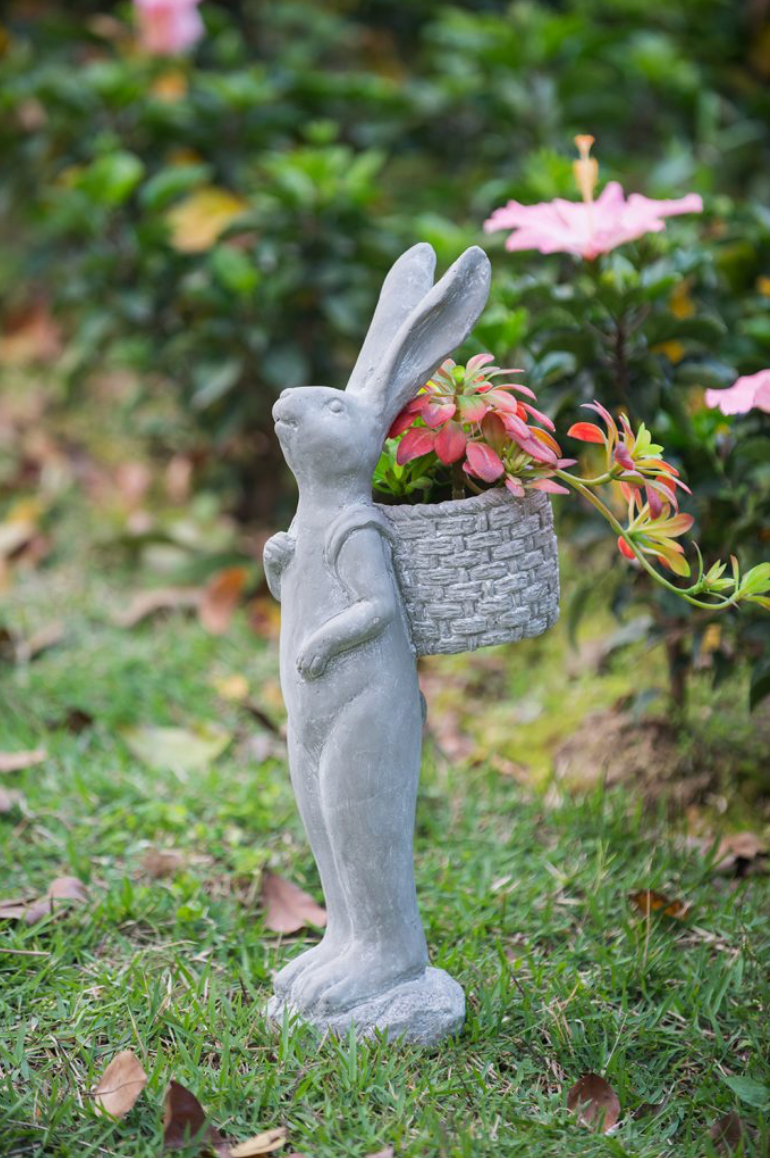 Tall Gray Cement Rabbit Basket Planter