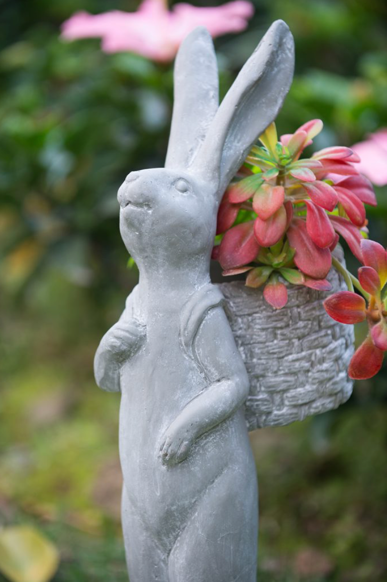 Tall Gray Cement Rabbit Basket Planter
