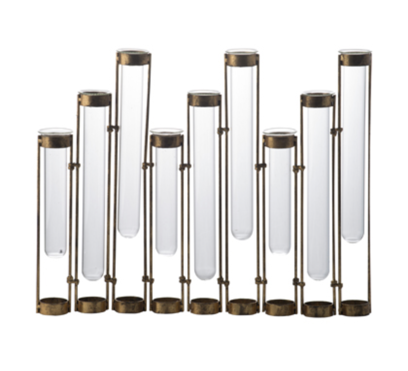 Glass Vial Flower Vase w/ Bronze Metal Frame