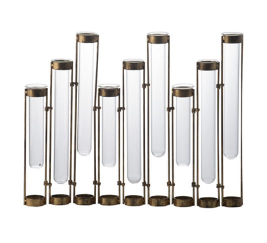 Glass Vial Flower Vase w/ Bronze Metal Frame