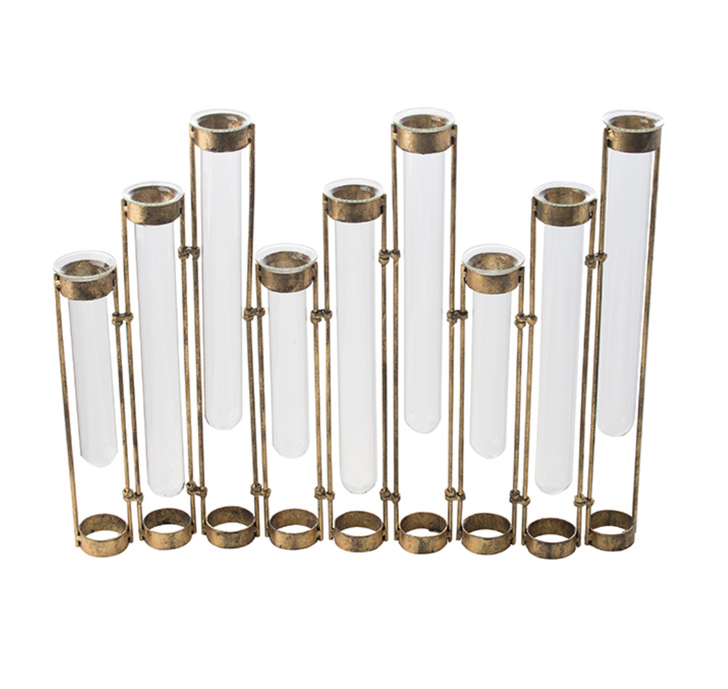 Glass Vial Flower Vase w/ Bronze Metal Frame