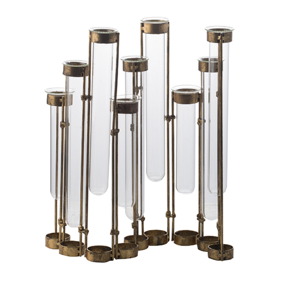 Glass Vial Flower Vase w/ Bronze Metal Frame