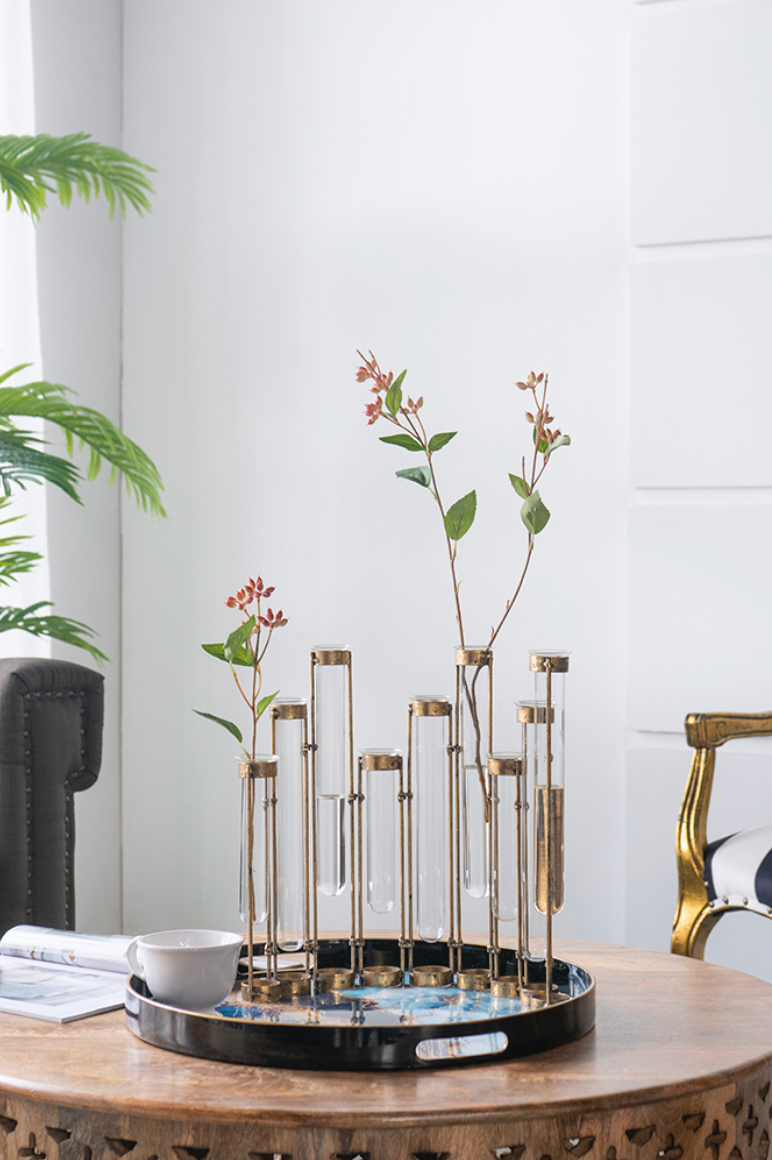 Glass Vial Flower Vase w/ Bronze Metal Frame
