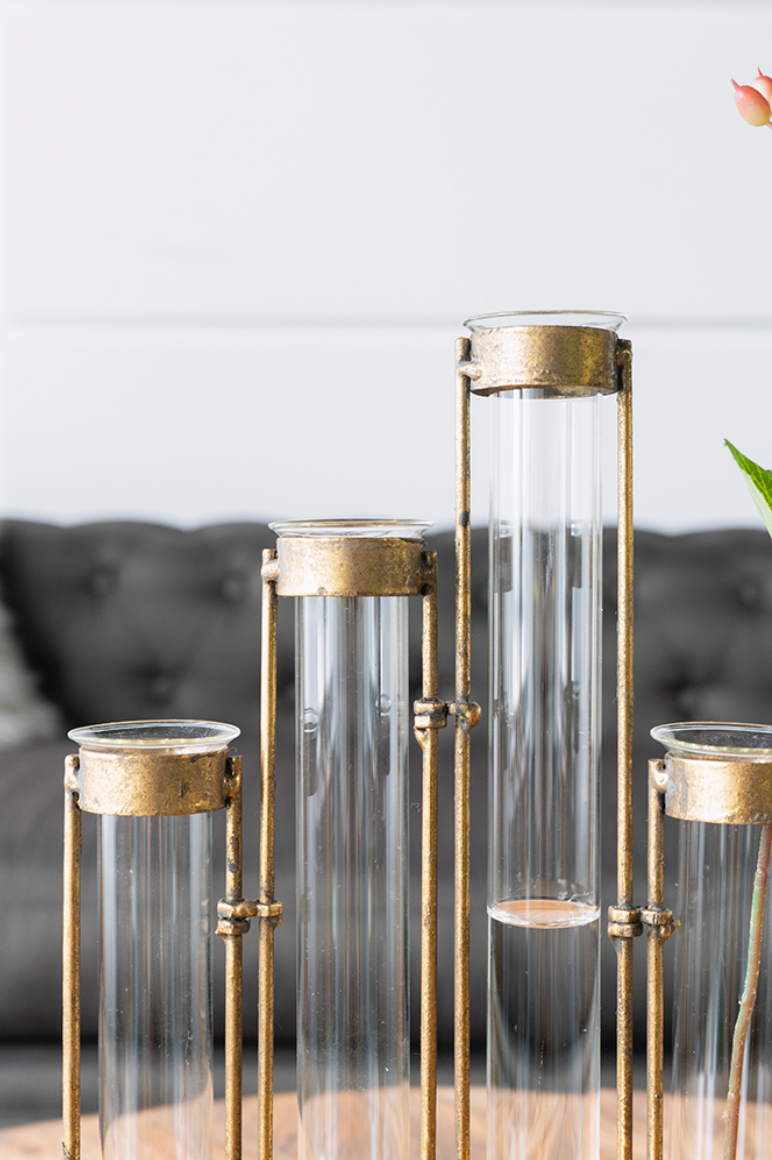 Glass Vial Flower Vase w/ Bronze Metal Frame