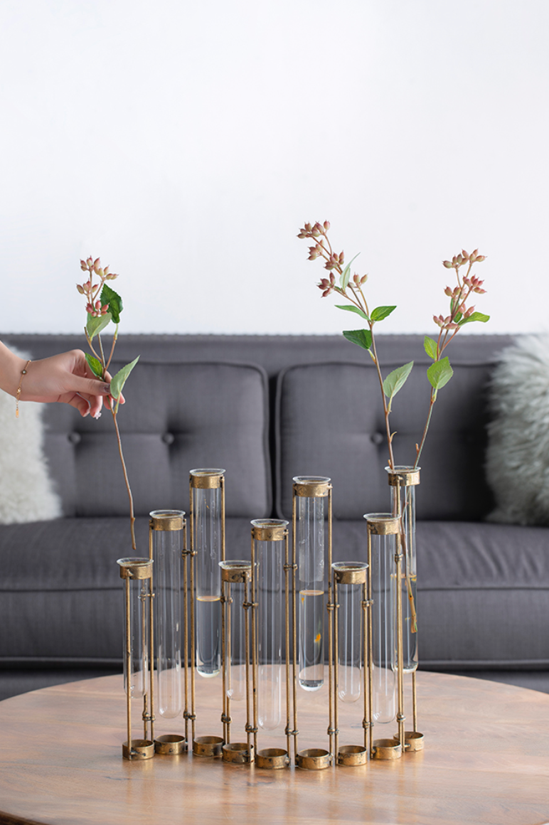Glass Vial Flower Vase w/ Bronze Metal Frame