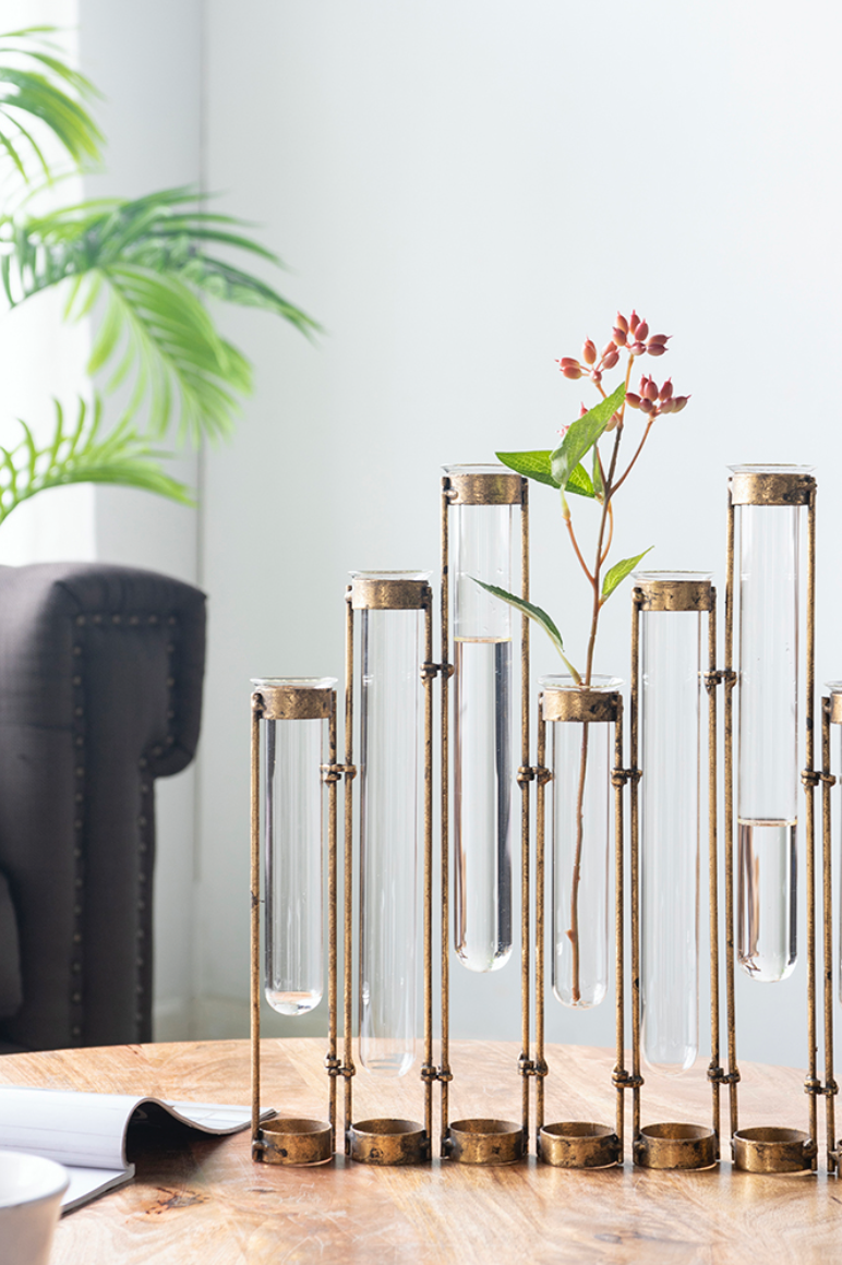 Glass Vial Flower Vase w/ Bronze Metal Frame