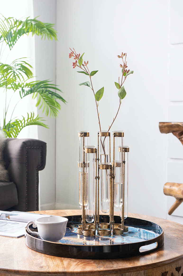Glass Vial Flower Vase w/ Bronze Metal Frame