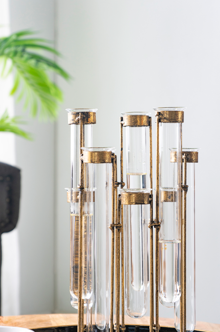 Glass Vial Flower Vase w/ Bronze Metal Frame