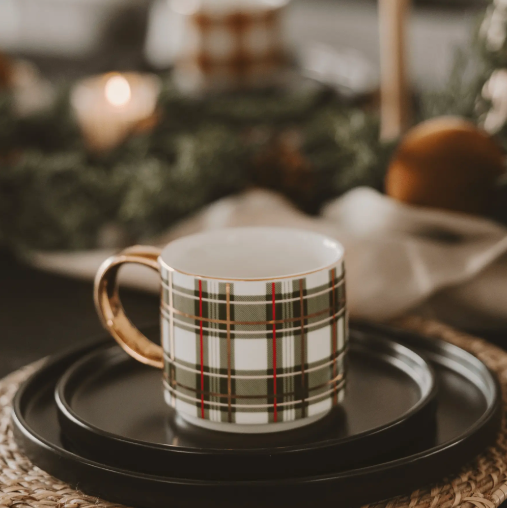 Green Plaid Coffee Mug w/ Gold Handle 14 oz