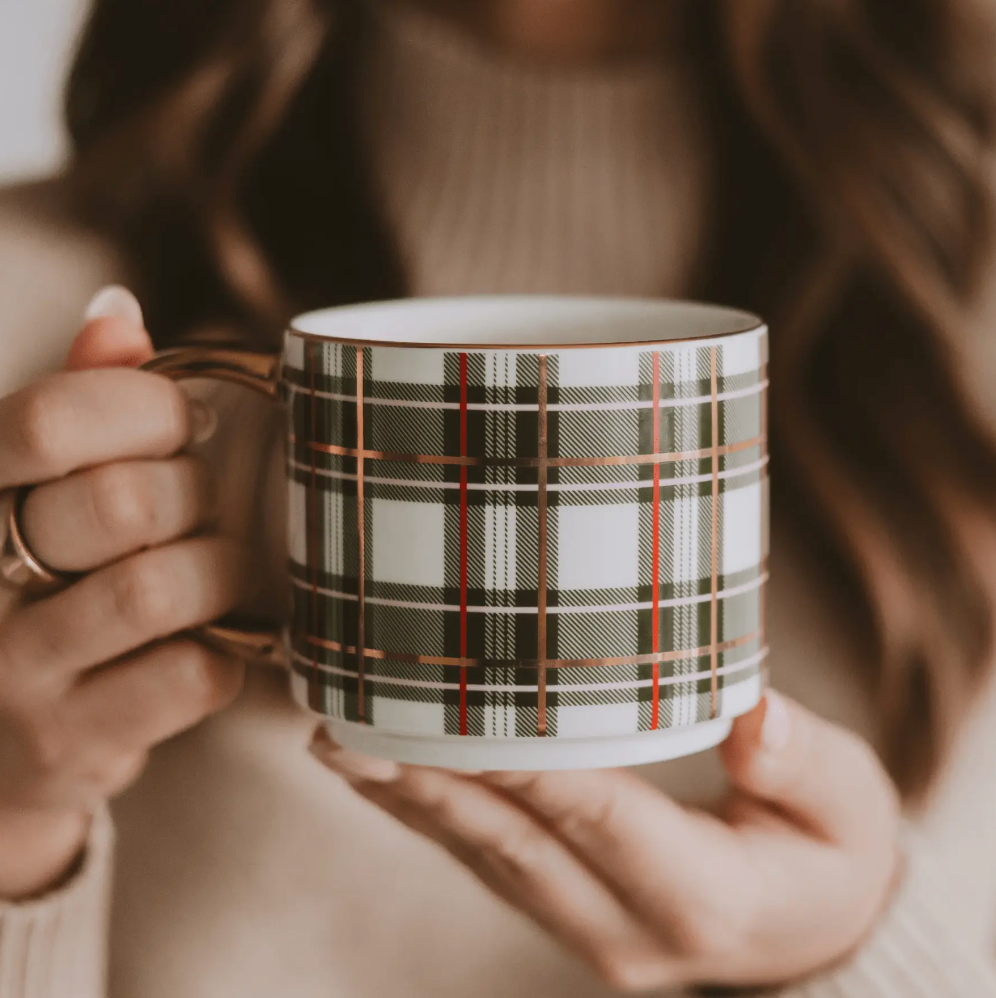 Green Plaid Coffee Mug w/ Gold Handle 14 oz
