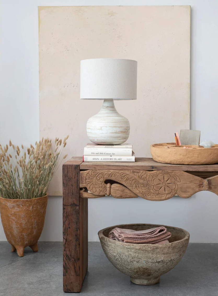 Whitewashed Bamboo Table Lamp w/ Linen Shade