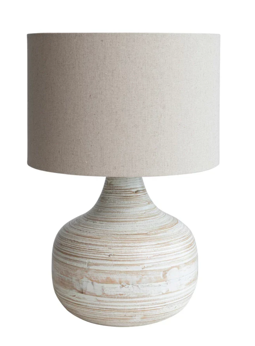 Whitewashed Bamboo Table Lamp w/ Linen Shade
