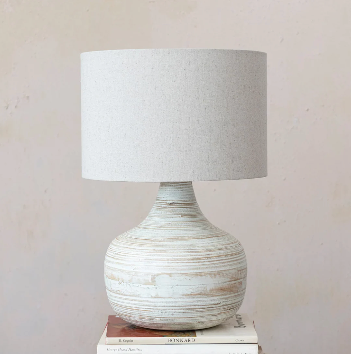 Whitewashed Bamboo Table Lamp w/ Linen Shade