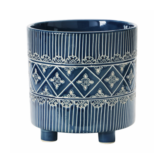 Blue & White Debossed Stoneware Footed Planter
