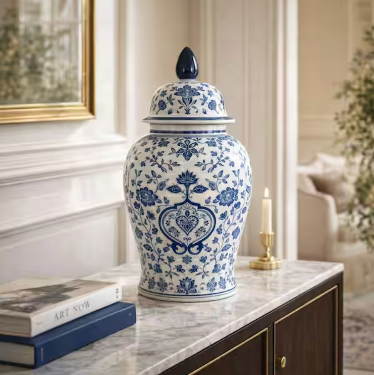 Decorative White & Blue Chinoiserie Ginger Jar