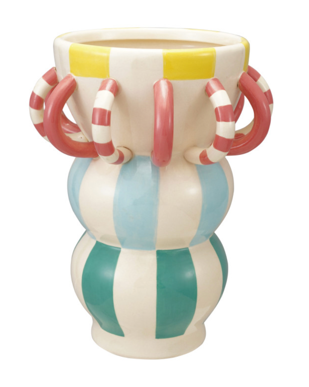 Hand-Painted Stoneware Vase w/ Striped Pattern & 3D Loops