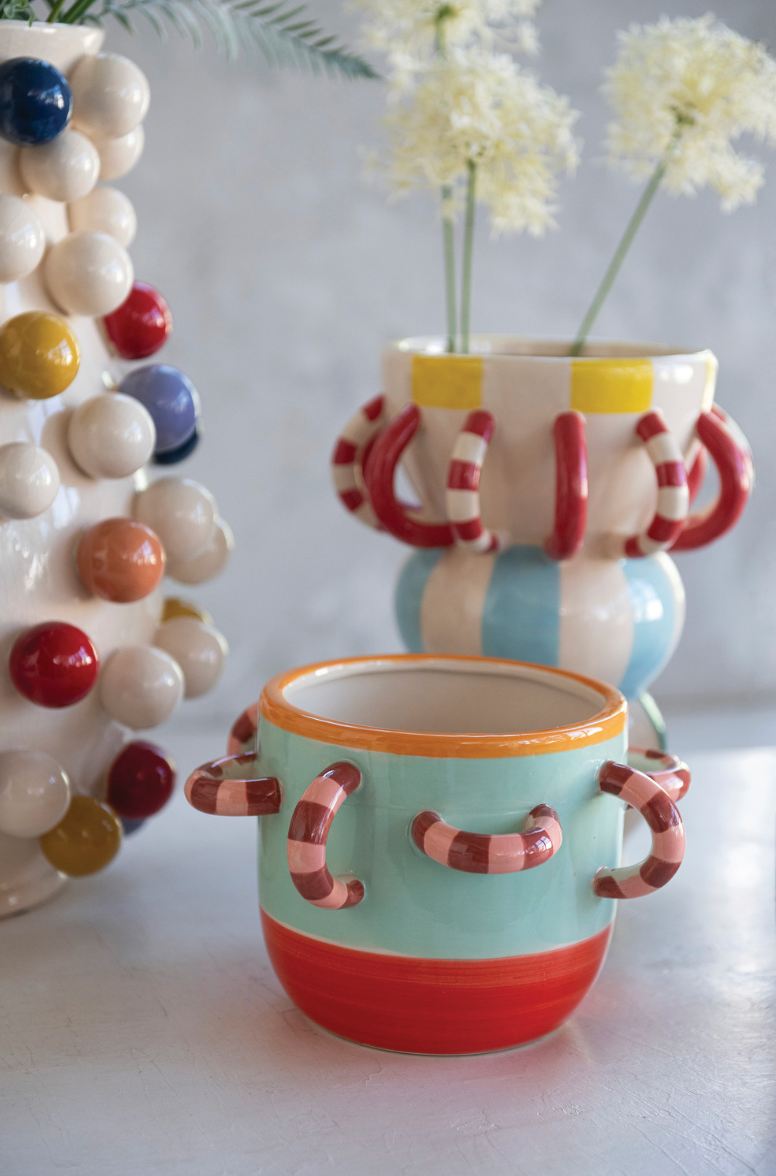 Hand-Painted Stoneware Vase w/ Striped Pattern & 3D Loops