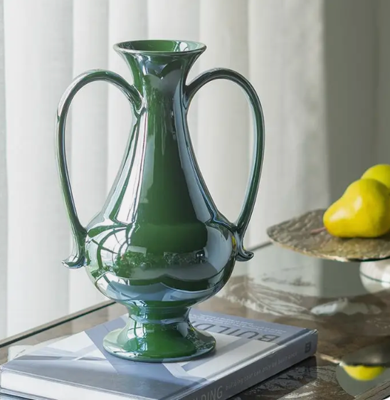 Green Ceramic Pedestal Vase w/ Handles