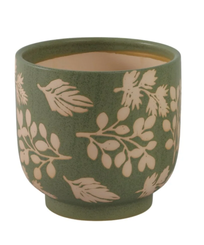 Green & White Ceramic Planter Pot w/ Textured Leaves (2 Sizes)