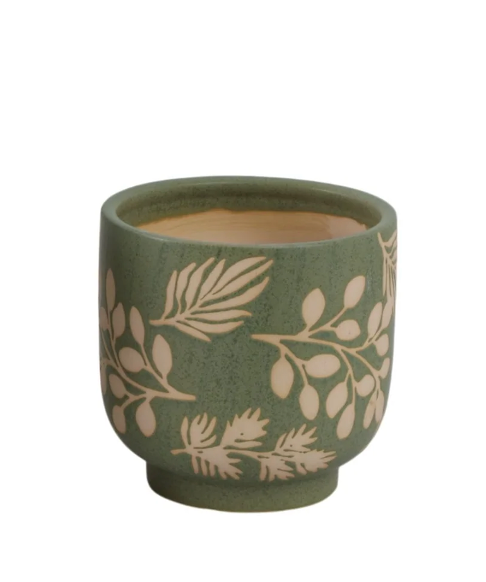 Green & White Ceramic Planter Pot w/ Textured Leaves (2 Sizes)