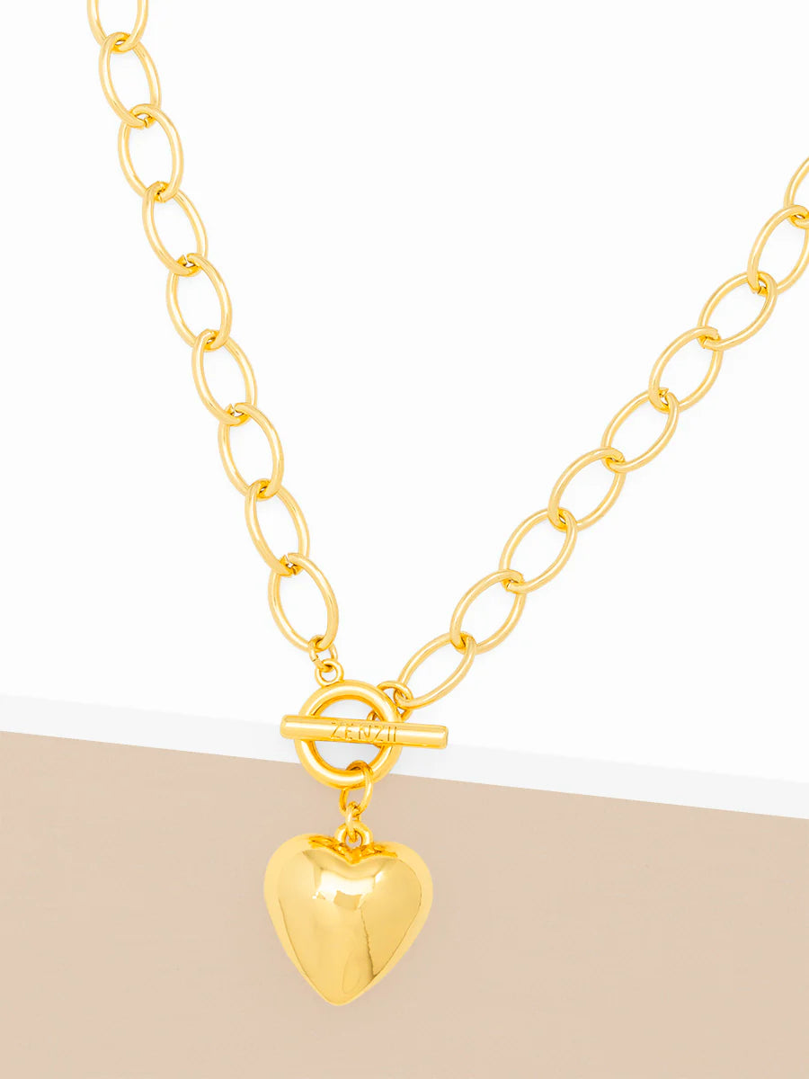 Puffed Heart Oval Links Collar Necklace - Gold