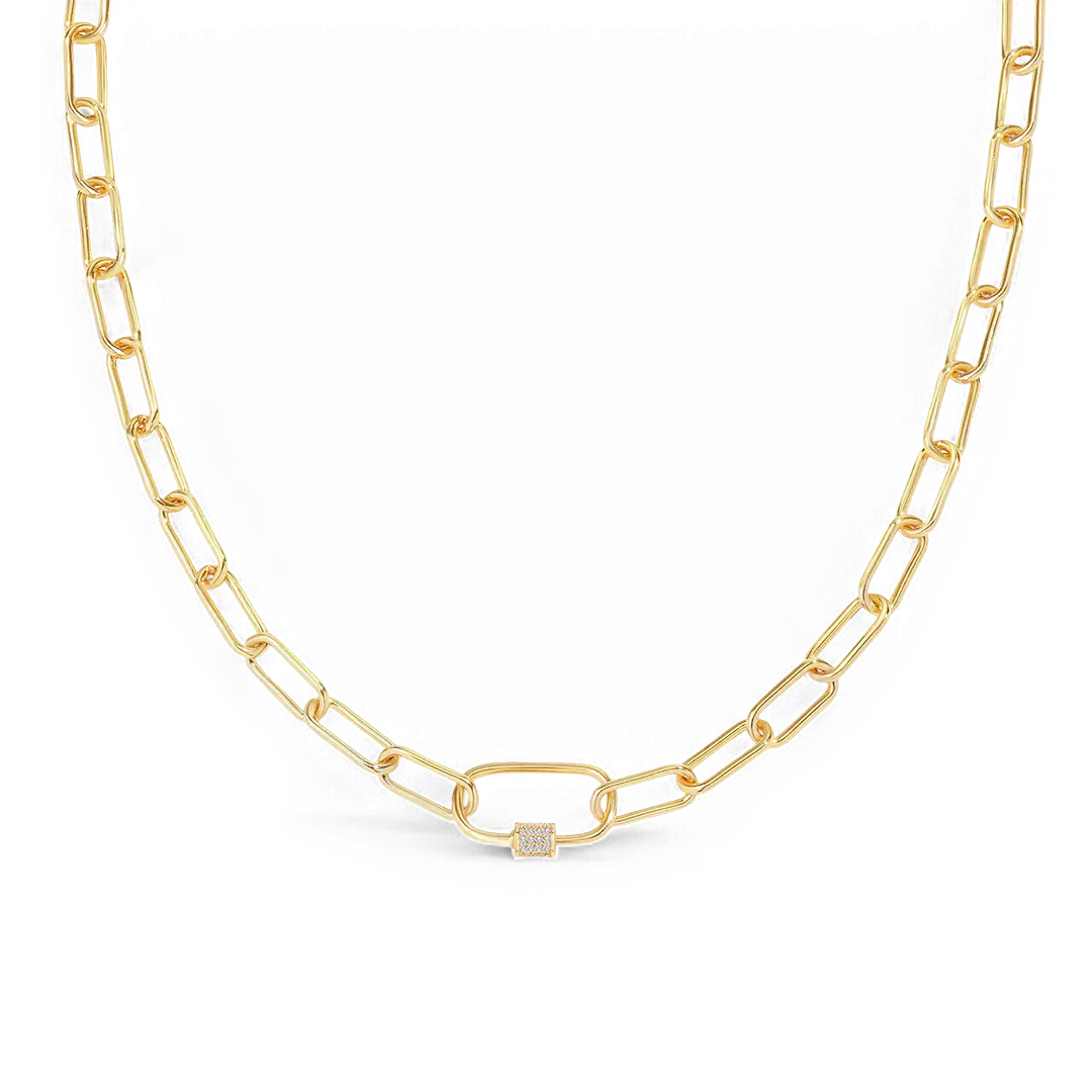 Link Chain Necklace w/ Pave Carabiner Clasp (2 Colors)