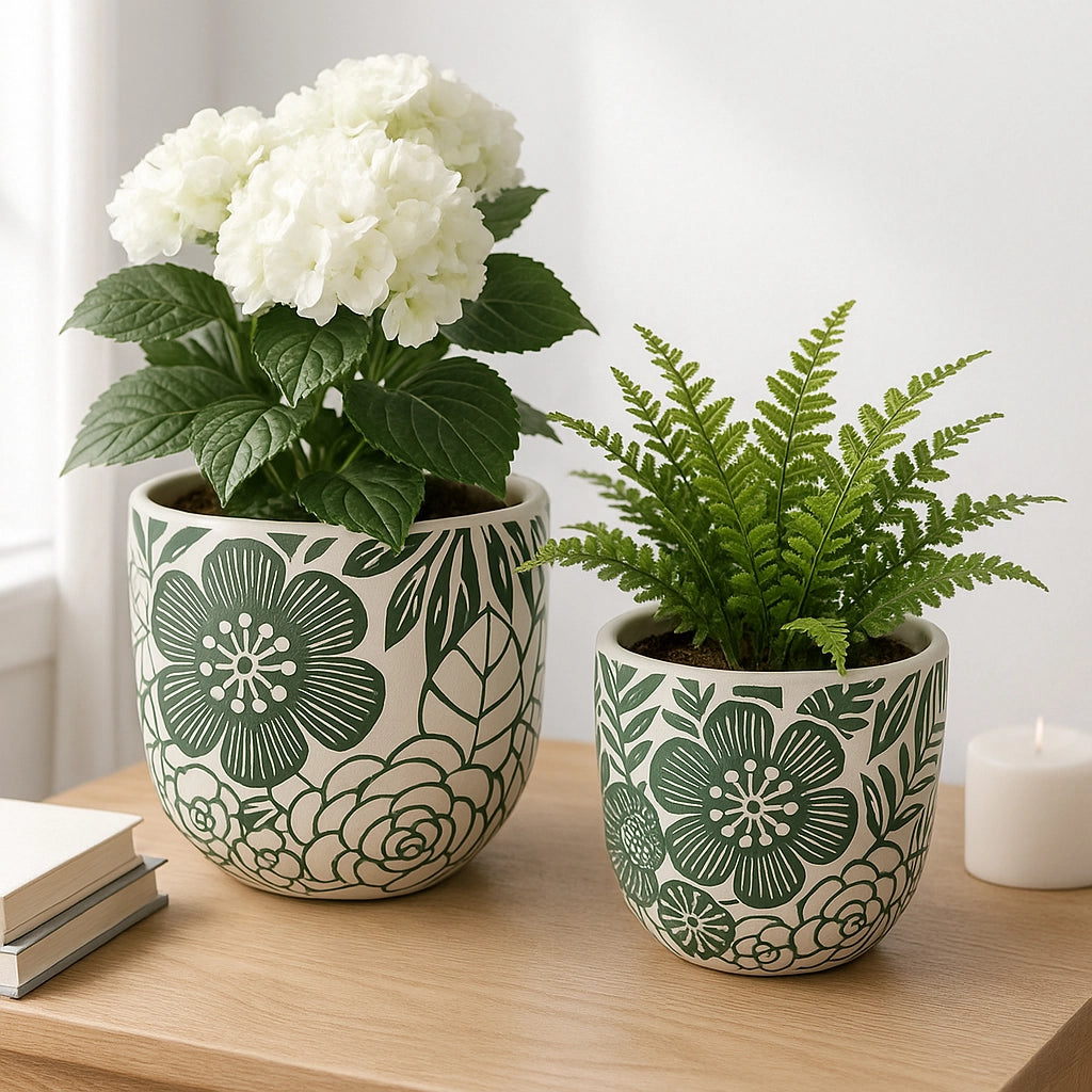 White & Green Ceramic Floral Planter Pot (2 Sizes)
