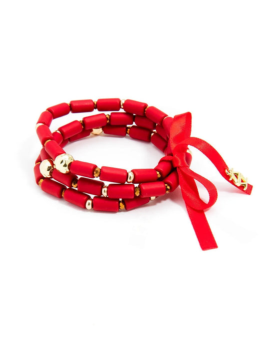 Beaded Stretch Bracelet - Red (Set of 3)