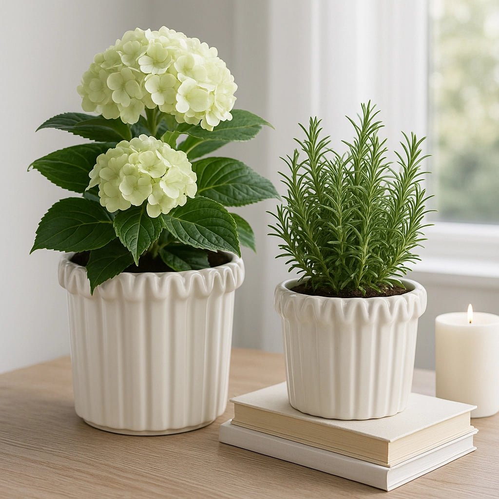 Ivory Ceramic Planter Pot w/ Fluted Rim (2 Sizes)