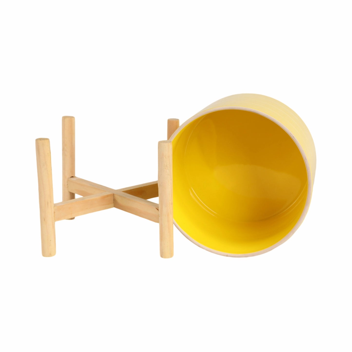 8" Yellow Striped Planter w/ Wooden Stand