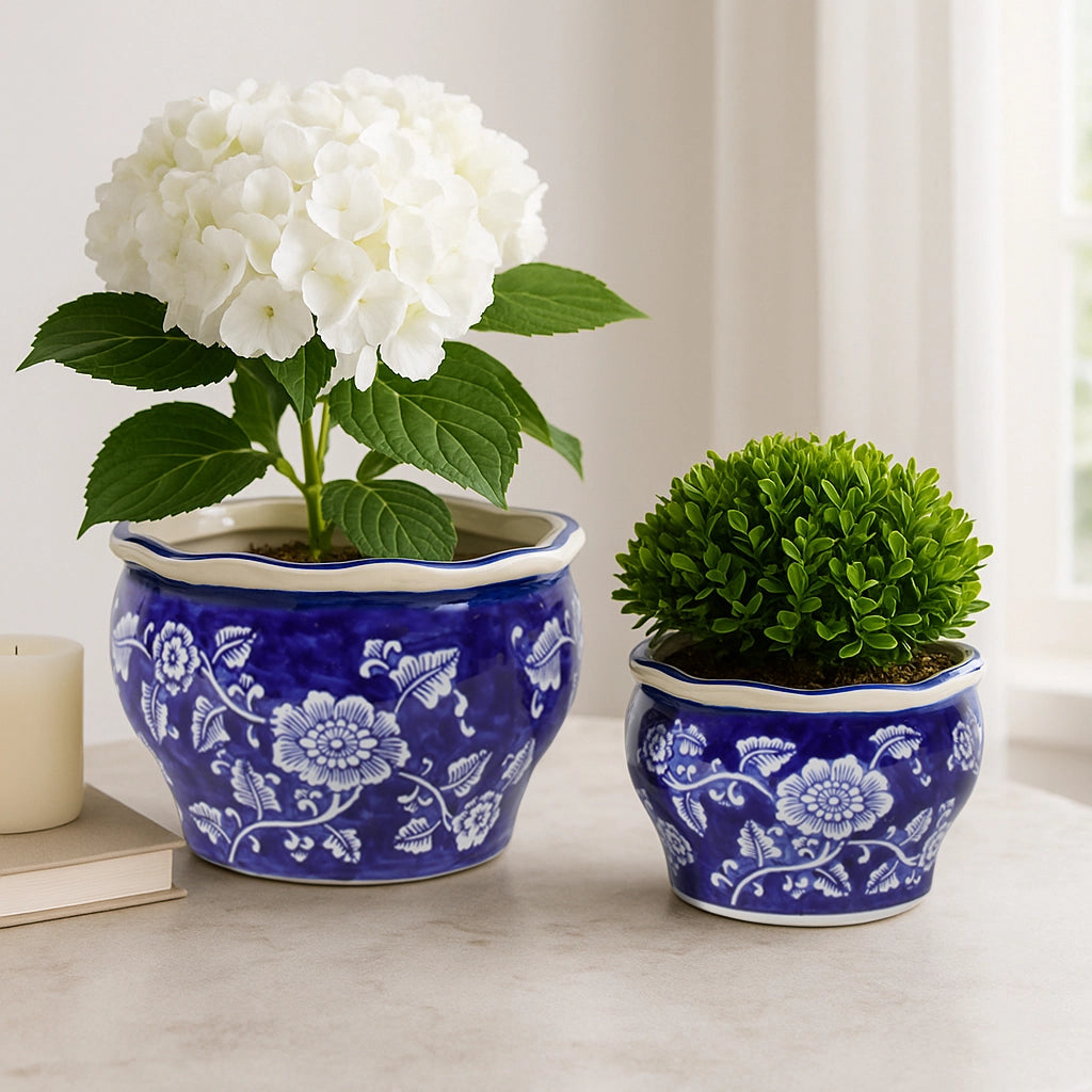 Ceramic Chinoiserie Planter Pot w/ Ruffle Rim (2 Sizes)
