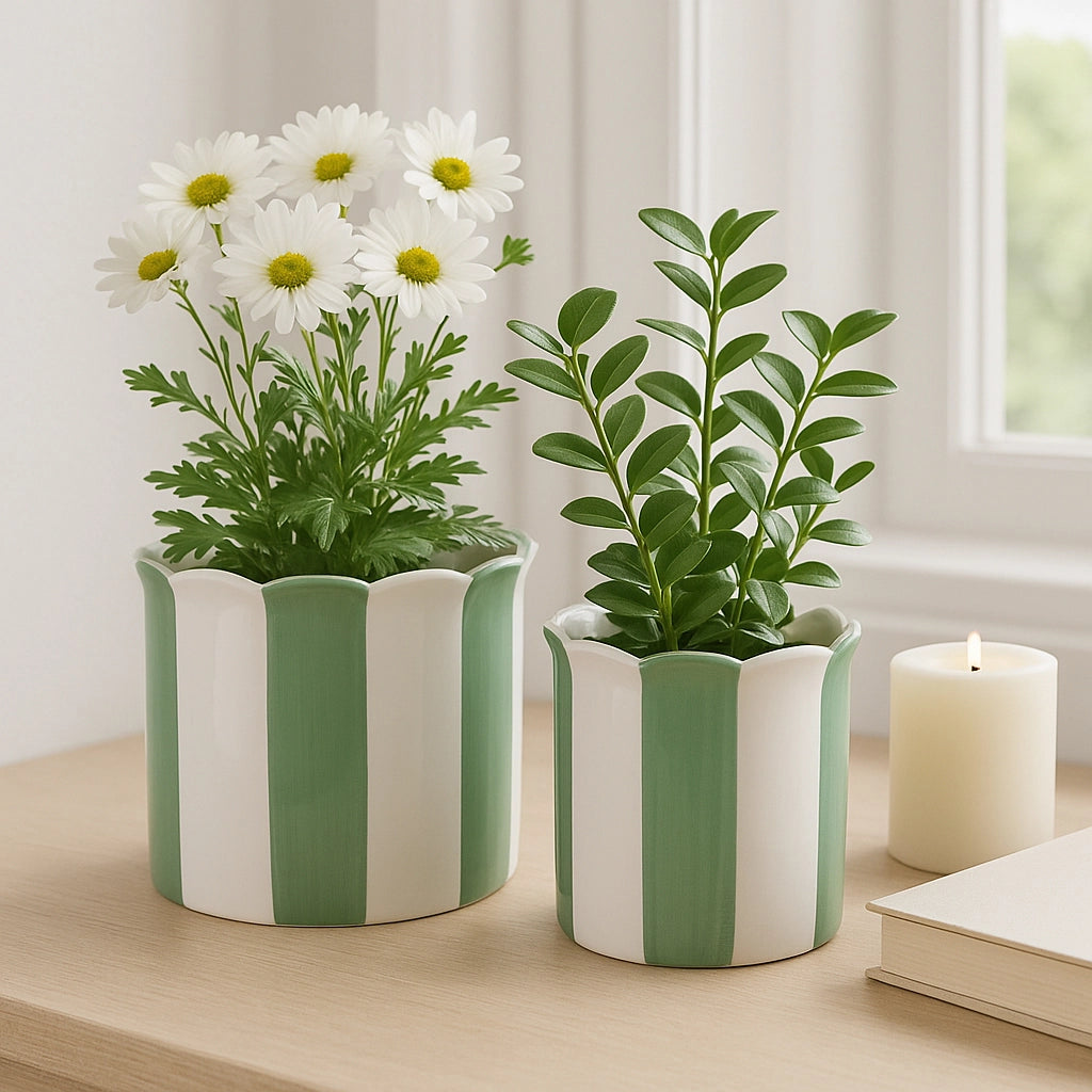 Green & White Striped Planters w/ Scalloped Rim (2 Sizes)