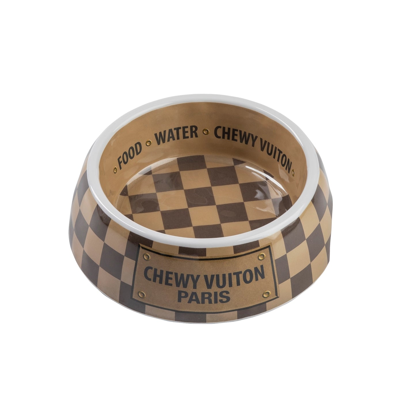 Tan Checker Chewy Vuiton Dog Bowl