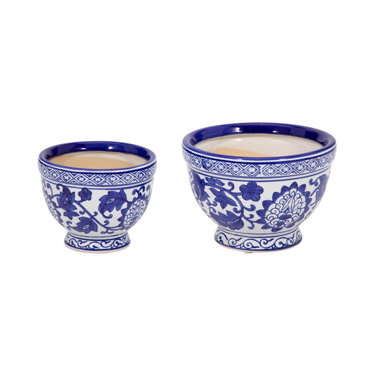 Blue Ceramic Chinoiserie Bowl Planters (2 Sizes)