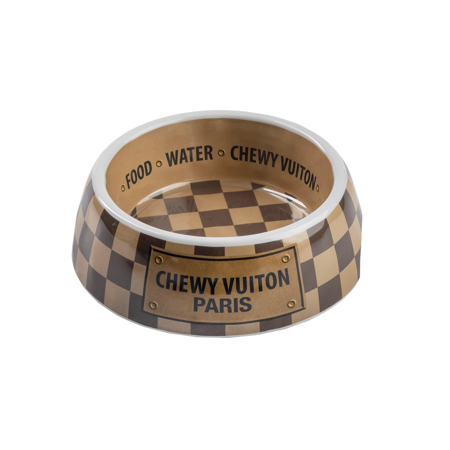 Tan Checker Chewy Vuiton Dog Bowl
