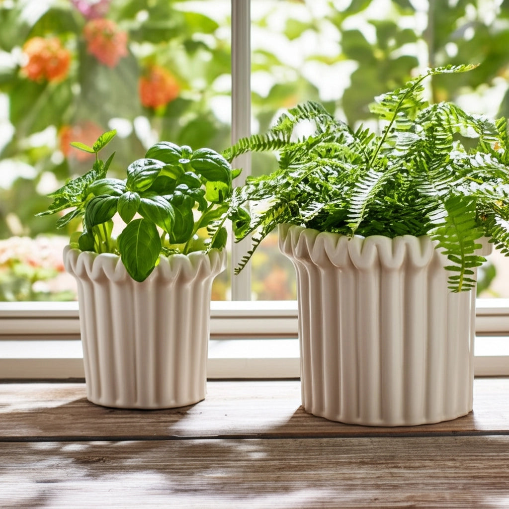 Ivory Ceramic Planter Pot w/ Fluted Rim (2 Sizes)